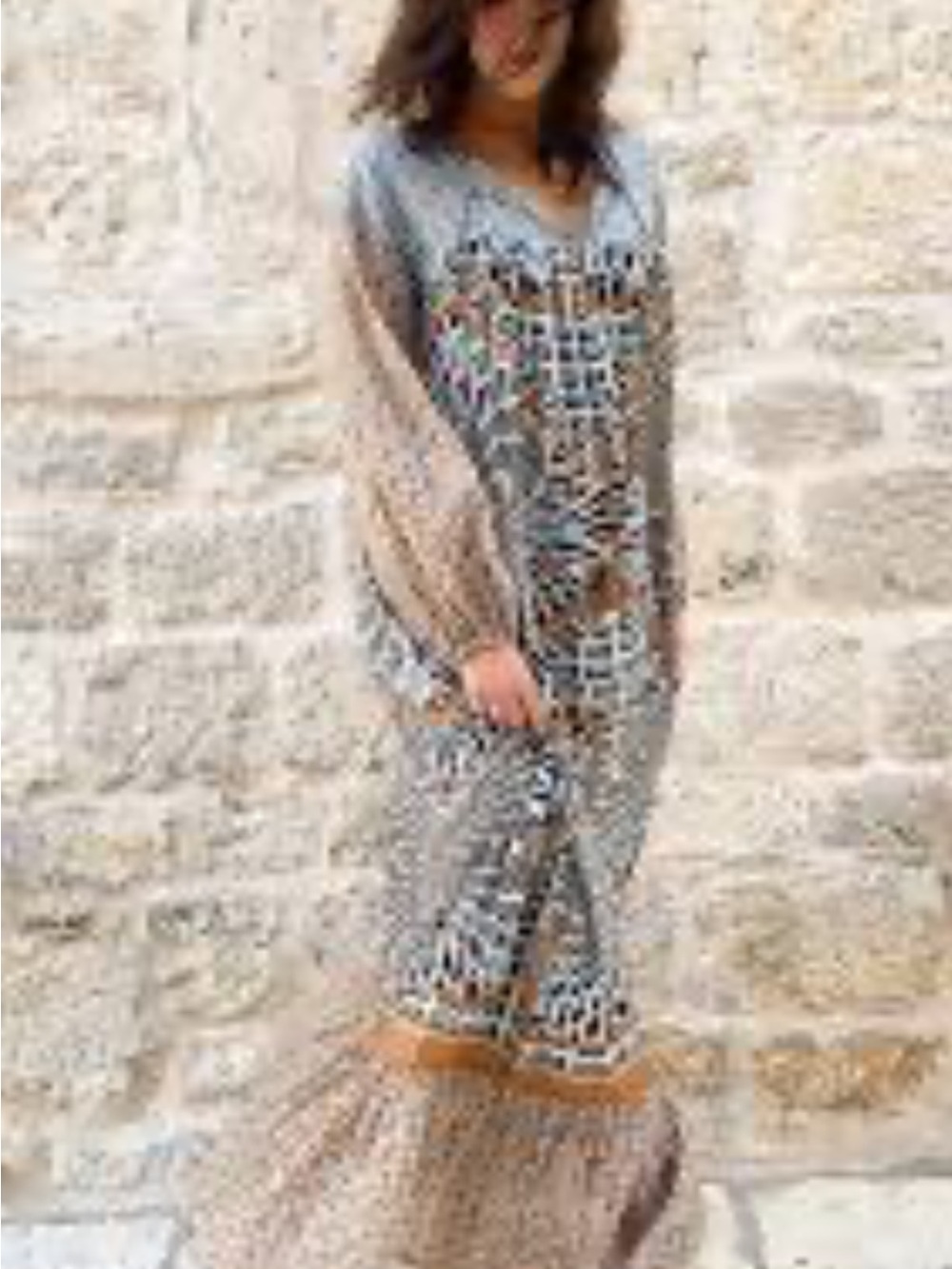 Devotion TWINS Crochet Boho Maxi Coverup in Beige and Gray